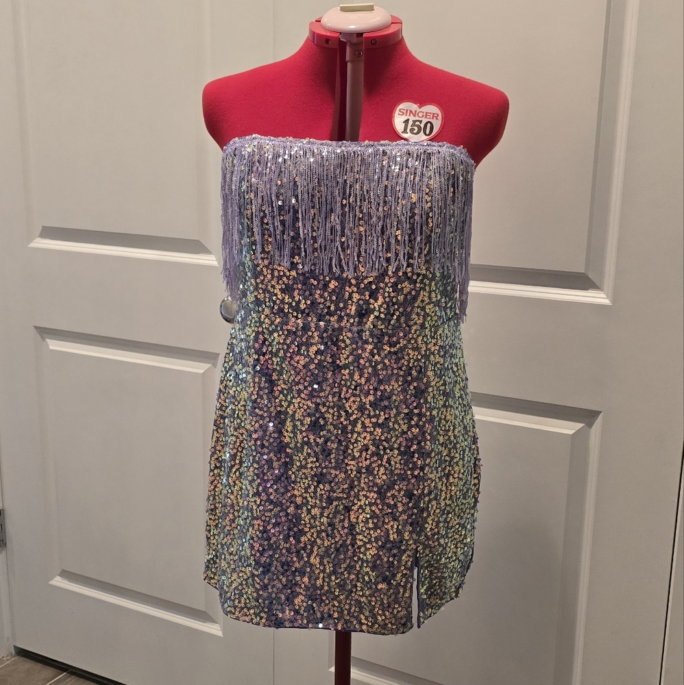Rodeo Cowgirl Fringe Purple Multicolor Sequin Fringe Dress, 1XL